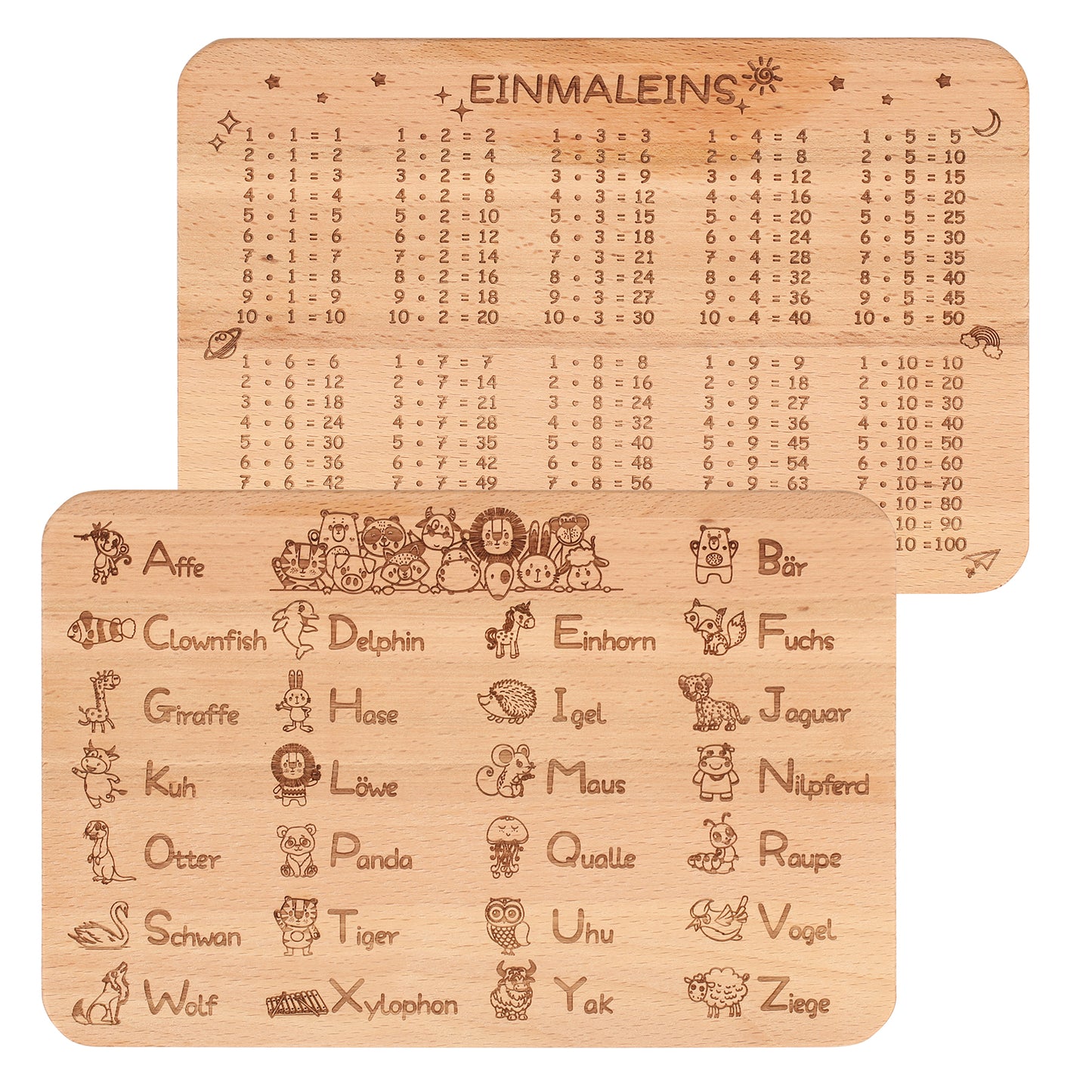 ABC und 1x1 Frühstücksbrettchen Kinder Holz Frühstücksbrett zum Einschulung Geschenke Schulanfang Lernen Holzbrettchen für Kinder Mädchen Jungen Schulkind Kindergeburtstag Weihnachten Geschenk