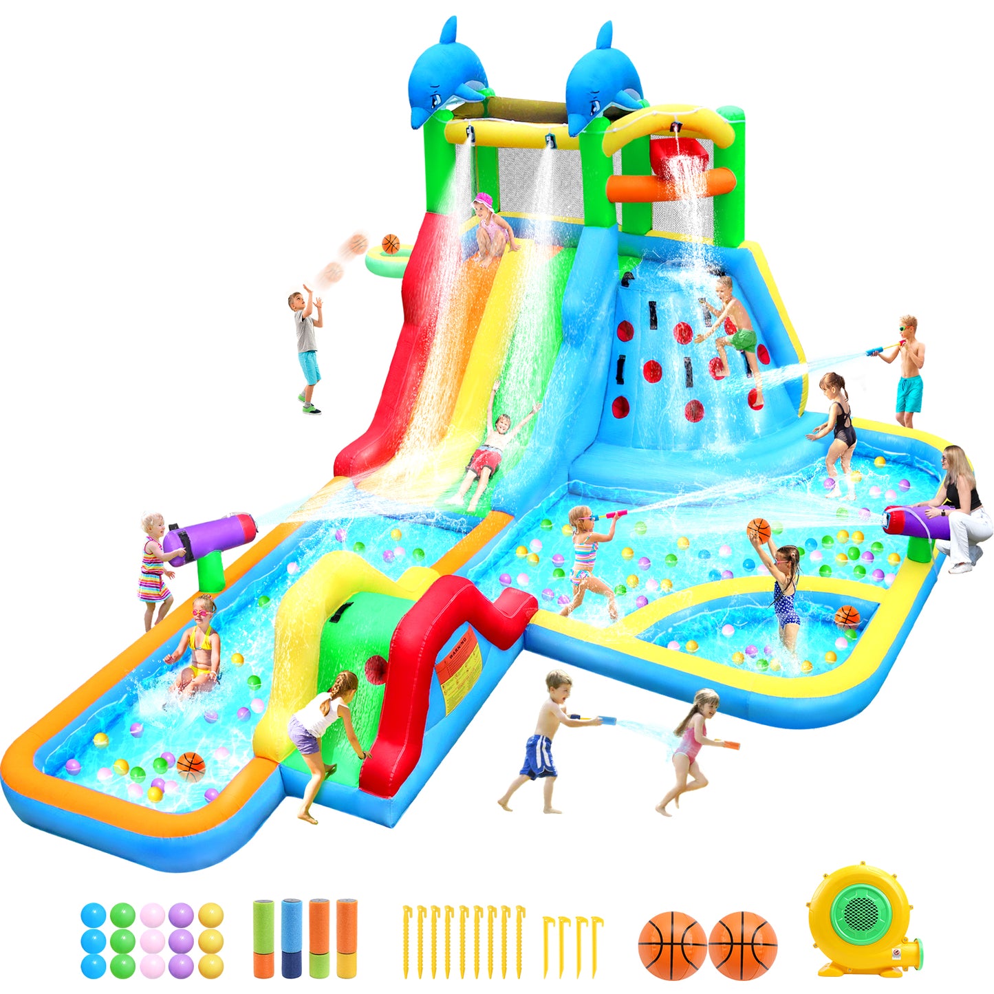 APODESS 20Ftx14Ft Inflatable Water Slide Bounce House Big Water Slides for Kids with Extra Long Slide Climbing Wall Pool Water Cannon Basketball 680W Blower for Indoor Outdoor Backyard Party