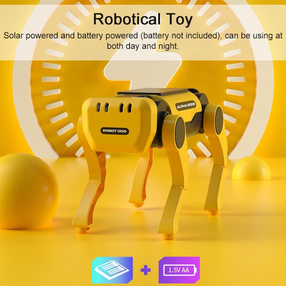 APODESS Solar Powered Toy Dog, Yellow Robot Dog, Science Hobby Puzzle Puppy, Christmas Gift
