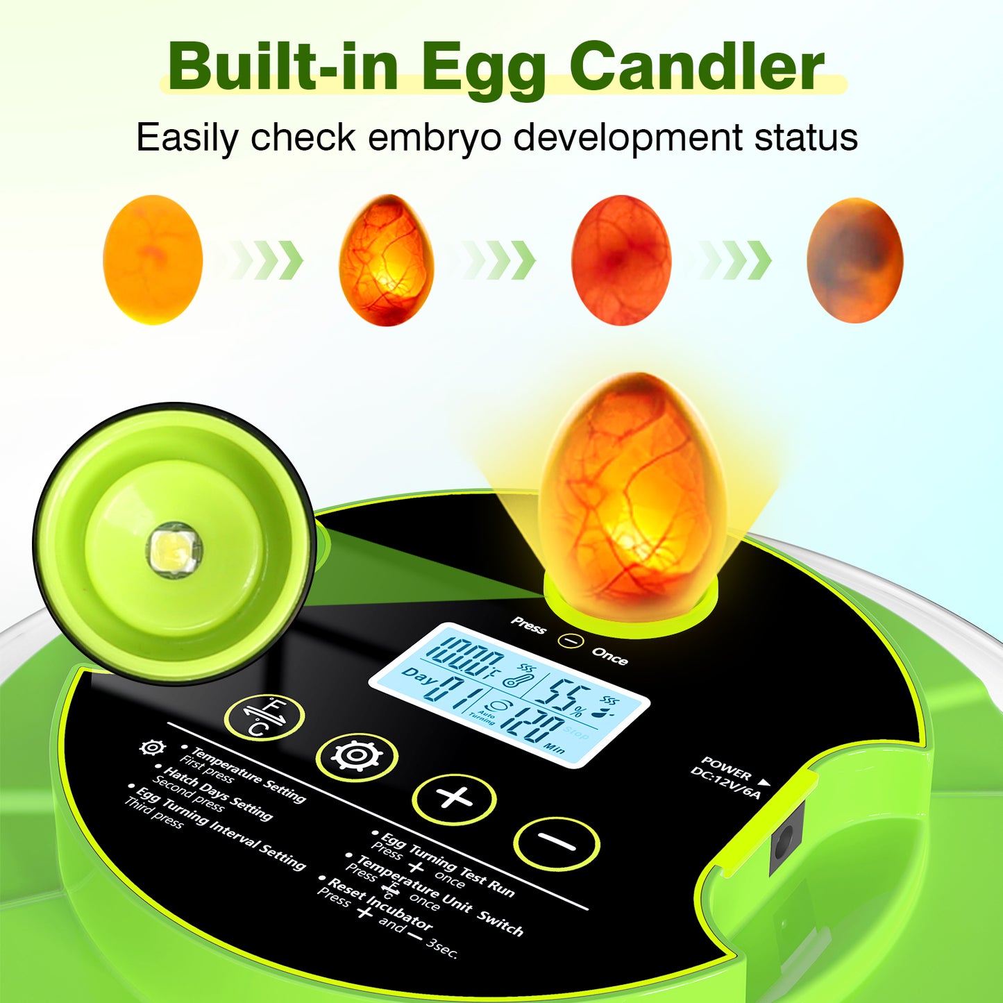 Egg Incubator for Hatching Eggs, 18 Egg Incubator with Temperature Control, Humidity Display, Auto Egg Turner, Egg Candler, 2 Size Egg Trays, Digital Incubator for Chicken, Quail