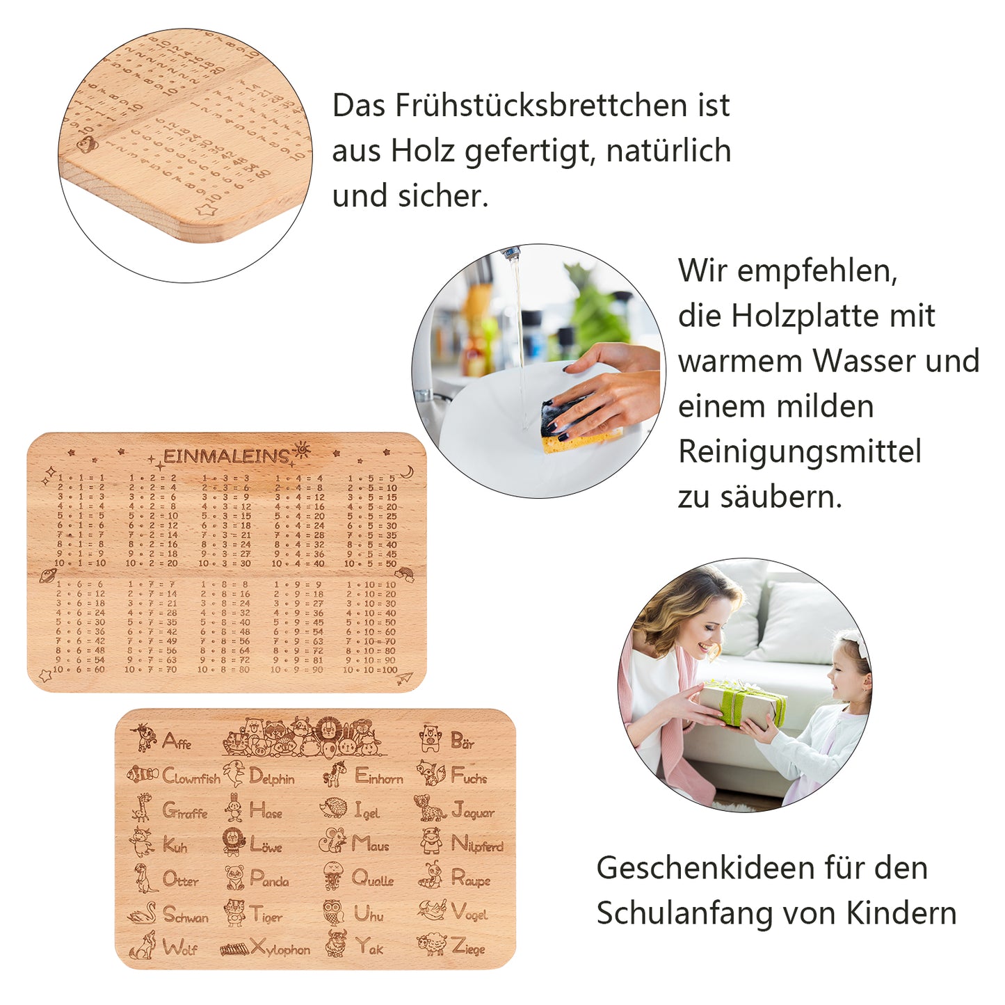 ABC und 1x1 Frühstücksbrettchen Kinder Holz Frühstücksbrett zum Einschulung Geschenke Schulanfang Lernen Holzbrettchen für Kinder Mädchen Jungen Schulkind Kindergeburtstag Weihnachten Geschenk