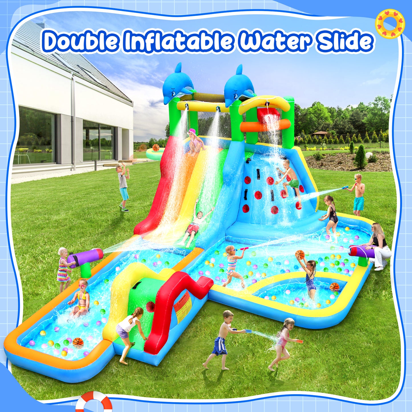 APODESS 20Ftx14Ft Inflatable Water Slide Bounce House Big Water Slides for Kids with Extra Long Slide Climbing Wall Pool Water Cannon Basketball 680W Blower for Indoor Outdoor Backyard Party