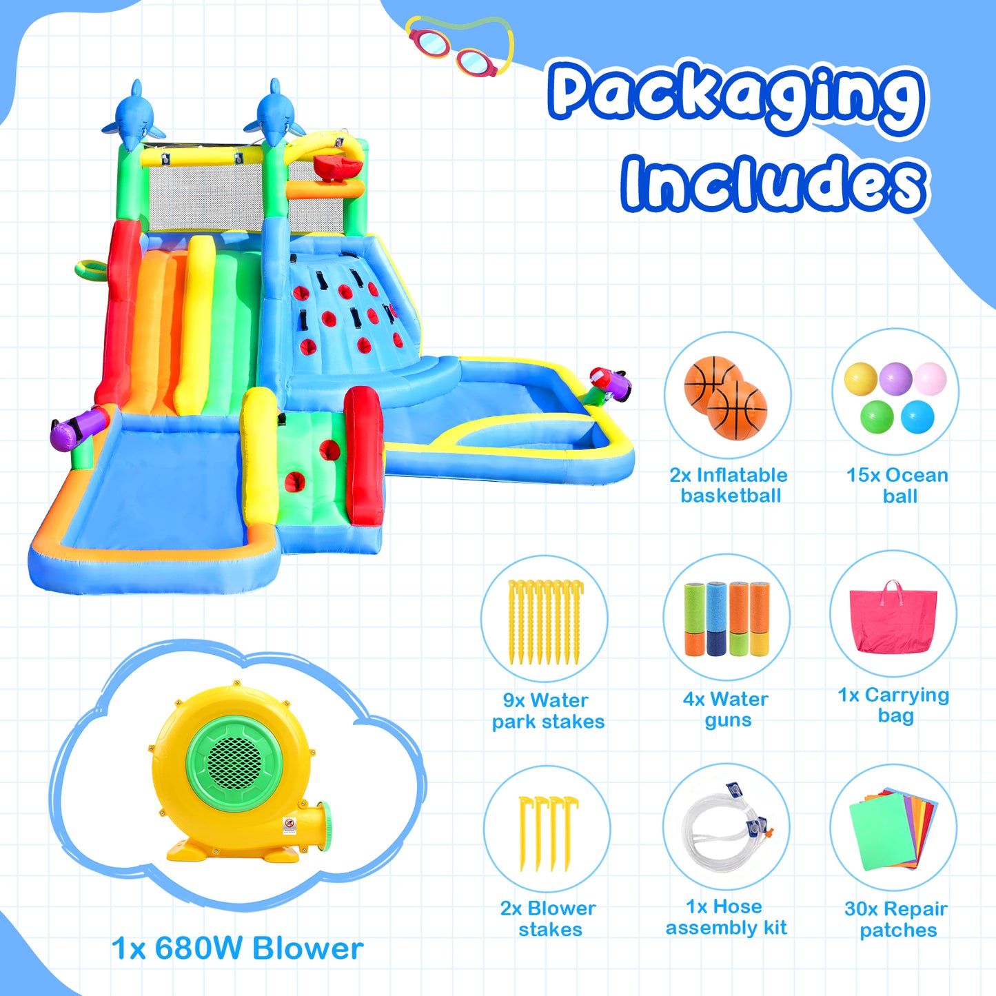 APODESS 20Ftx14Ft Inflatable Water Slide Bounce House Big Water Slides for Kids with Extra Long Slide Climbing Wall Pool Water Cannon Basketball 680W Blower for Indoor Outdoor Backyard Party
