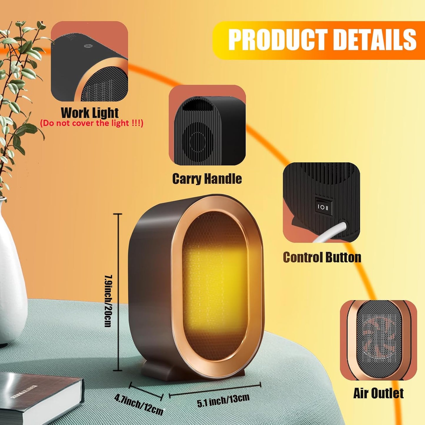 Electric Portable Space Heater, Mini Personal Desk Heater, Small Space Heater for Office Desk Bedroo